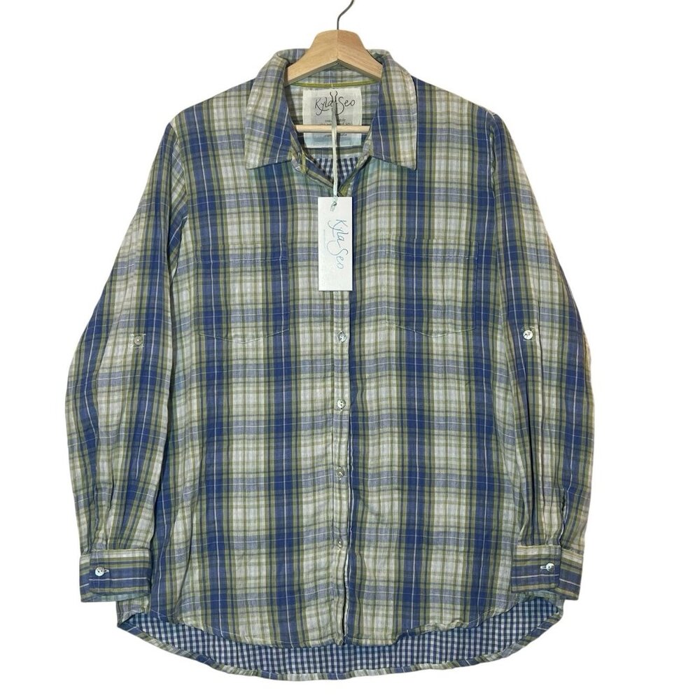 Kyla Seo Anthropologie Small Shirt 100% Cotton Plaid Button Buttons Blue Green